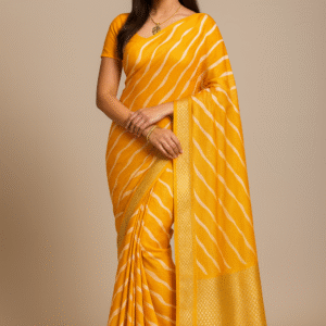 Yellow Dola Silk Saree with Golden Zari Border & Wavy Print