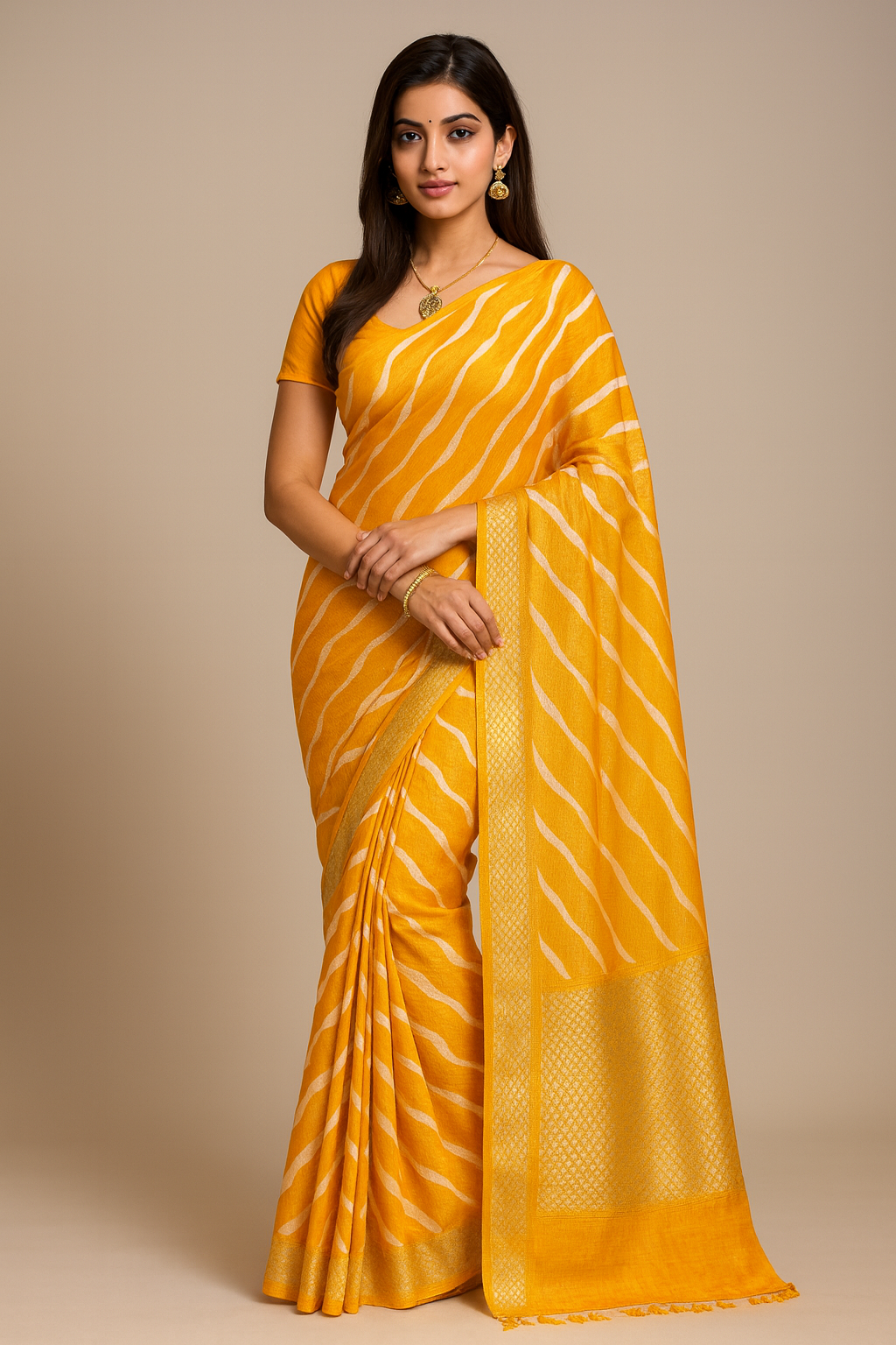 Yellow Dola Silk Saree with Golden Zari Border & Wavy Print