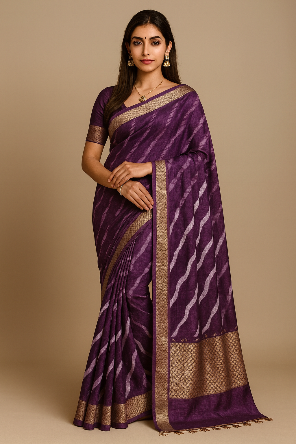 Purple Wave Pattern Saree with Golden Border