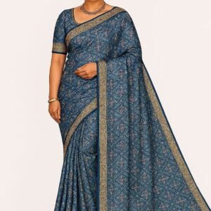 Blue Printed Art Silk Saree with Golden Woven Border & Blouse Piece