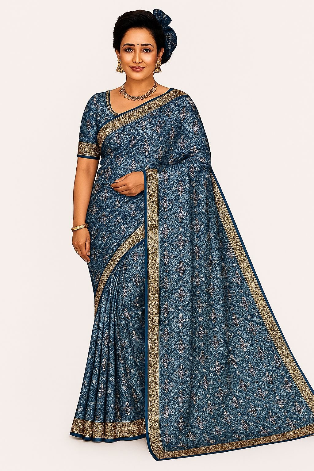 Blue Printed Art Silk Saree with Golden Woven Border & Blouse Piece