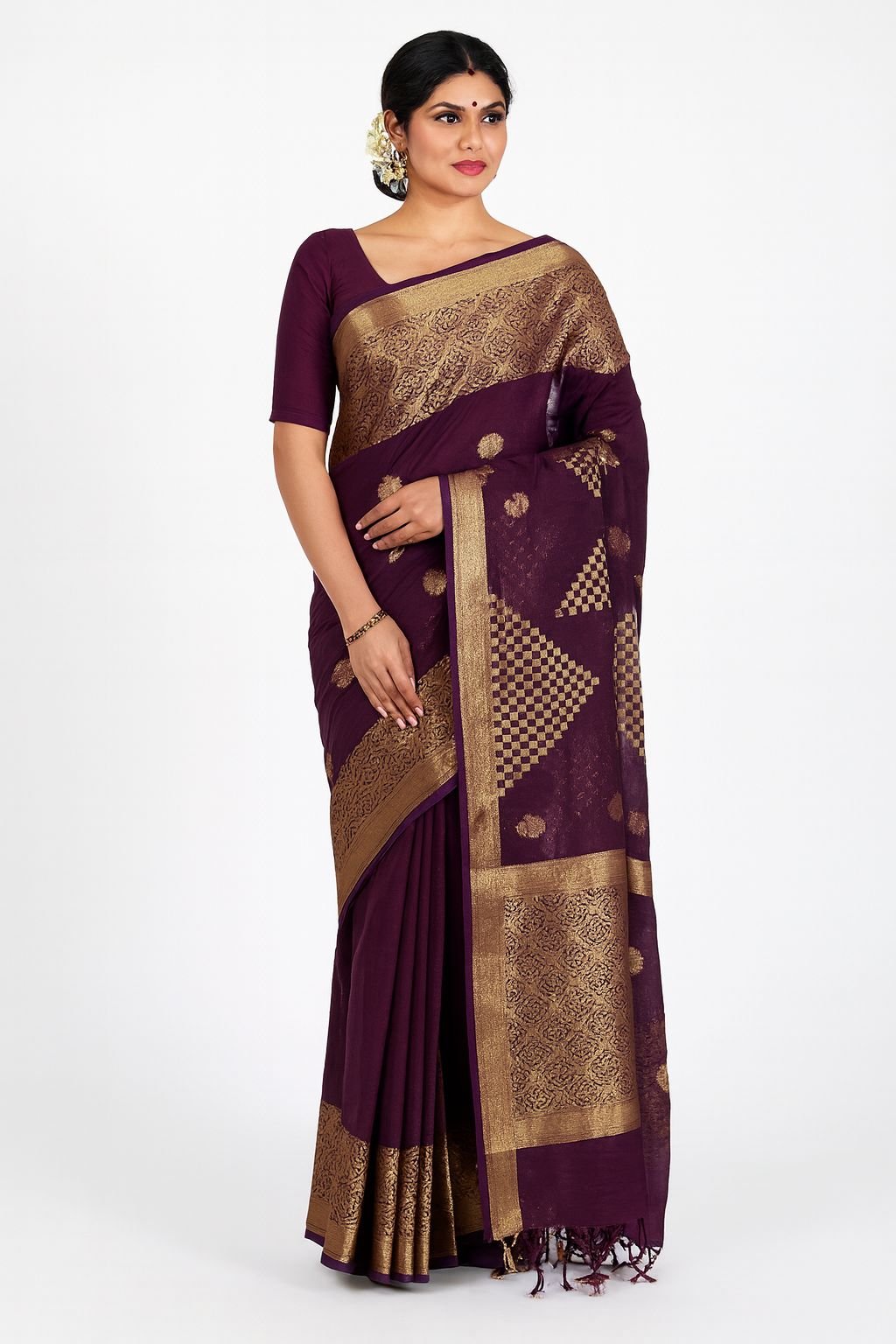 Purple Woven Silk Blend Saree with Matching Blouse