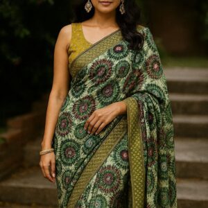 Green Abstract Printed Saree with Woven Border & Blouse Piece