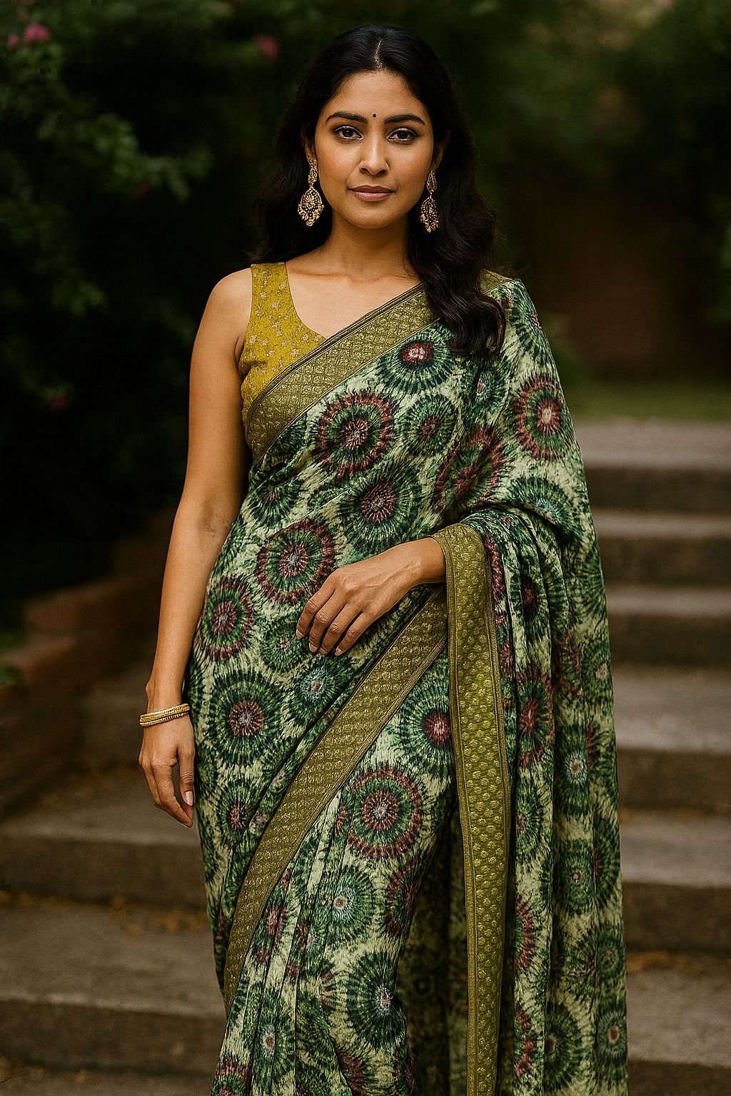 Green Abstract Printed Saree with Woven Border & Blouse Piece