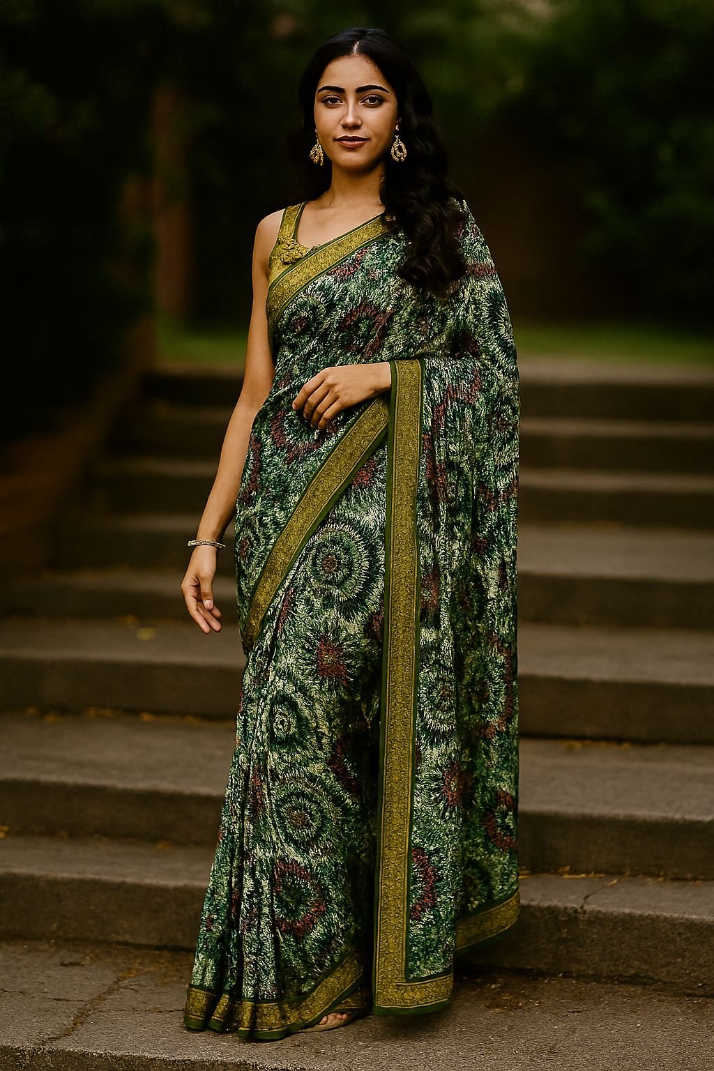 Green Abstract Printed Saree with Woven Border & Blouse Piece - Image 3