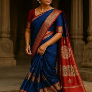 Blue & Red Banarasi Silk Blend Saree with Rich Zari Border