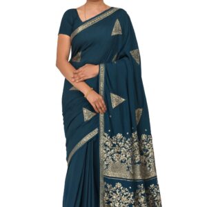 Teal Blue Silk Blend Saree with Golden Woven Embroidery & Blouse Piece