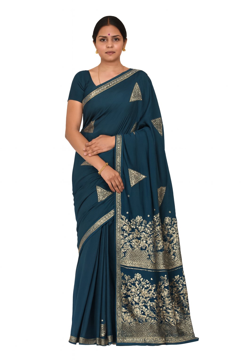 Teal Blue Silk Blend Saree with Golden Woven Embroidery & Blouse Piece
