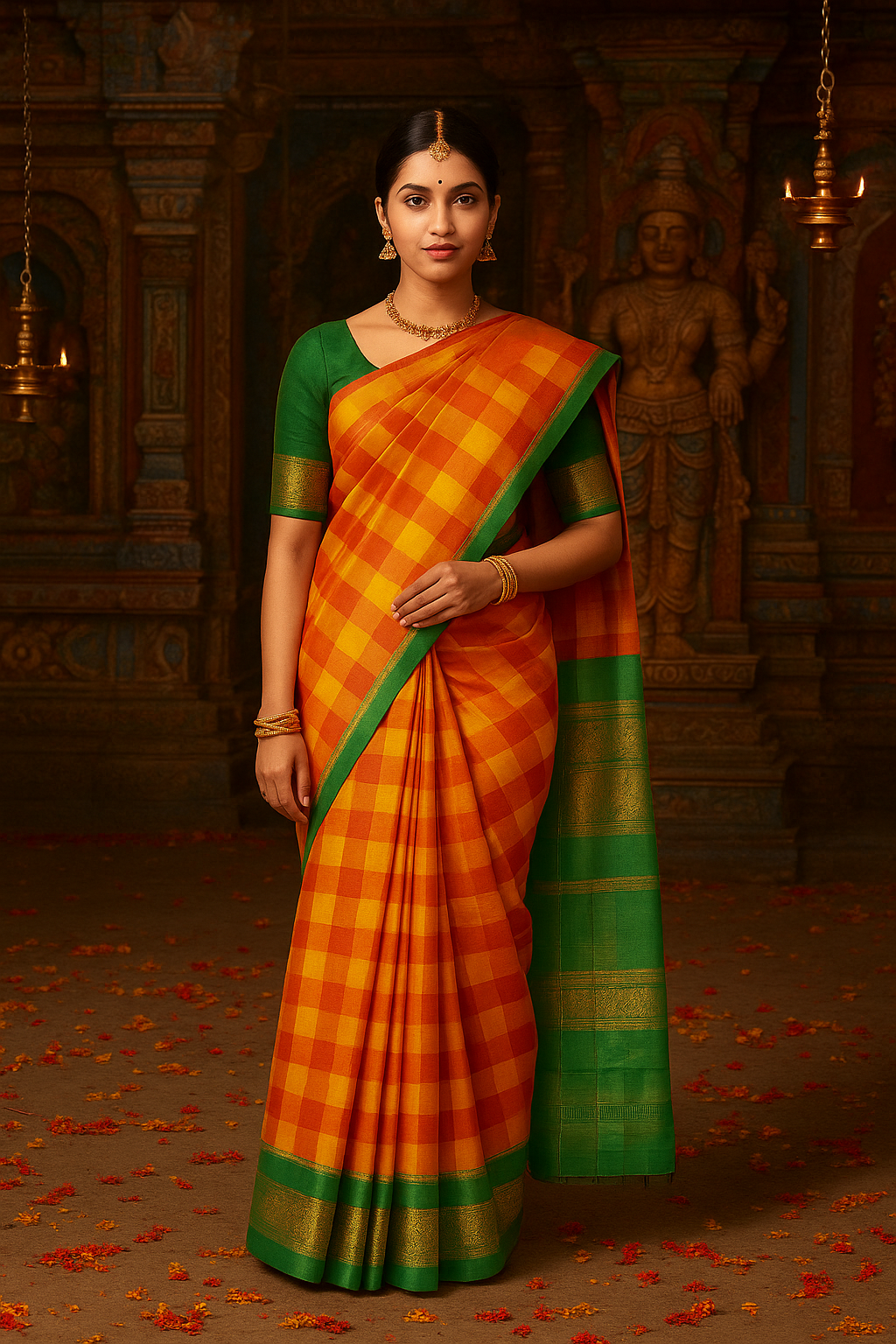 South Indian Orange Green Checked Silk Blend Saree with Blouse