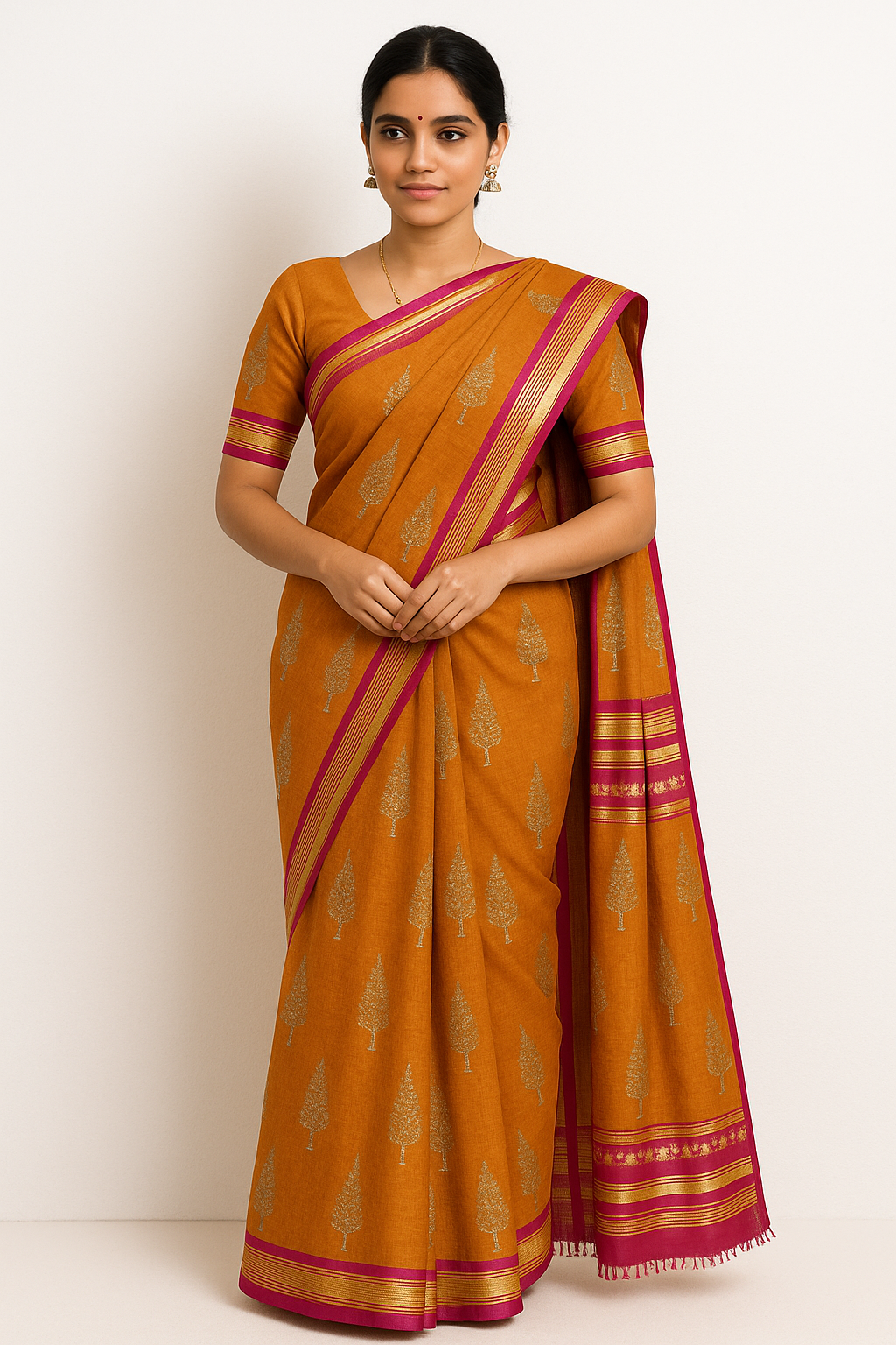 Elegant Mustard Cotton Saree with Pink & Gold Border