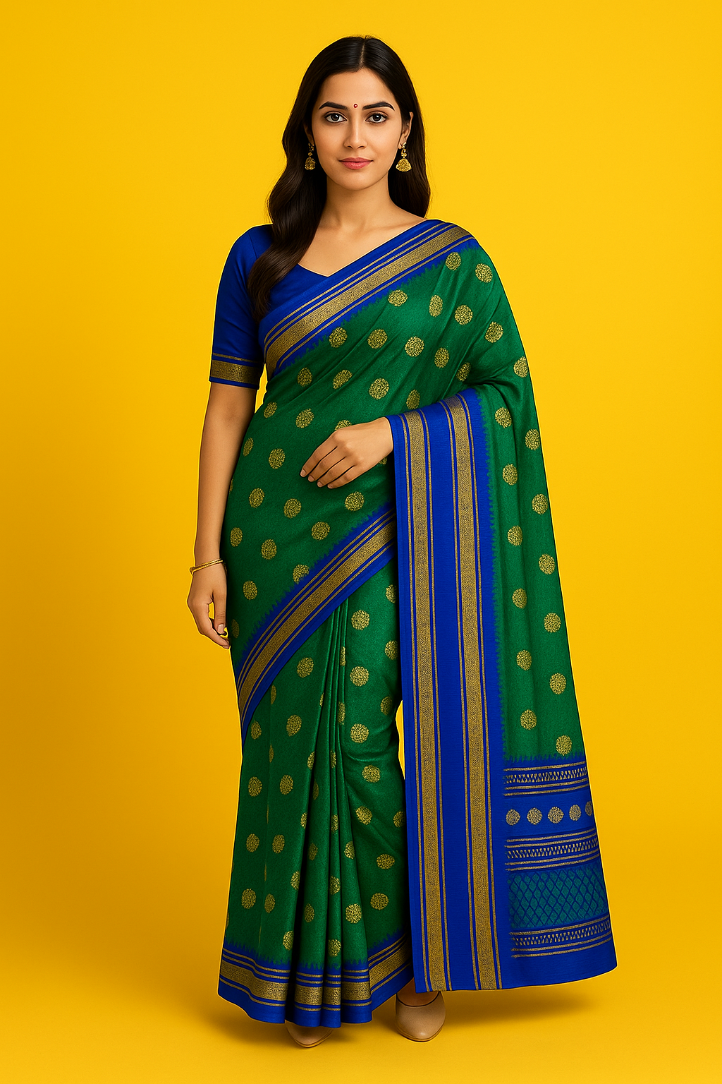 Green Narayan Peth Art Silk Saree with Blue Zari Border & Blouse Piece