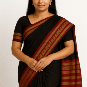 Black Cotton Saree with Maroon Zari Border