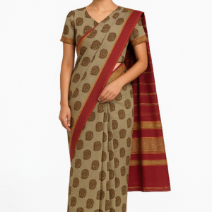 Poona Printed Beige Cotton Saree with Maroon Zari Border
