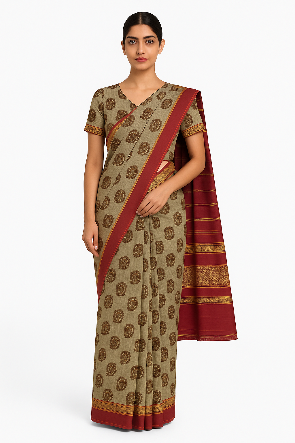 Poona Printed Beige Cotton Saree with Maroon Zari Border
