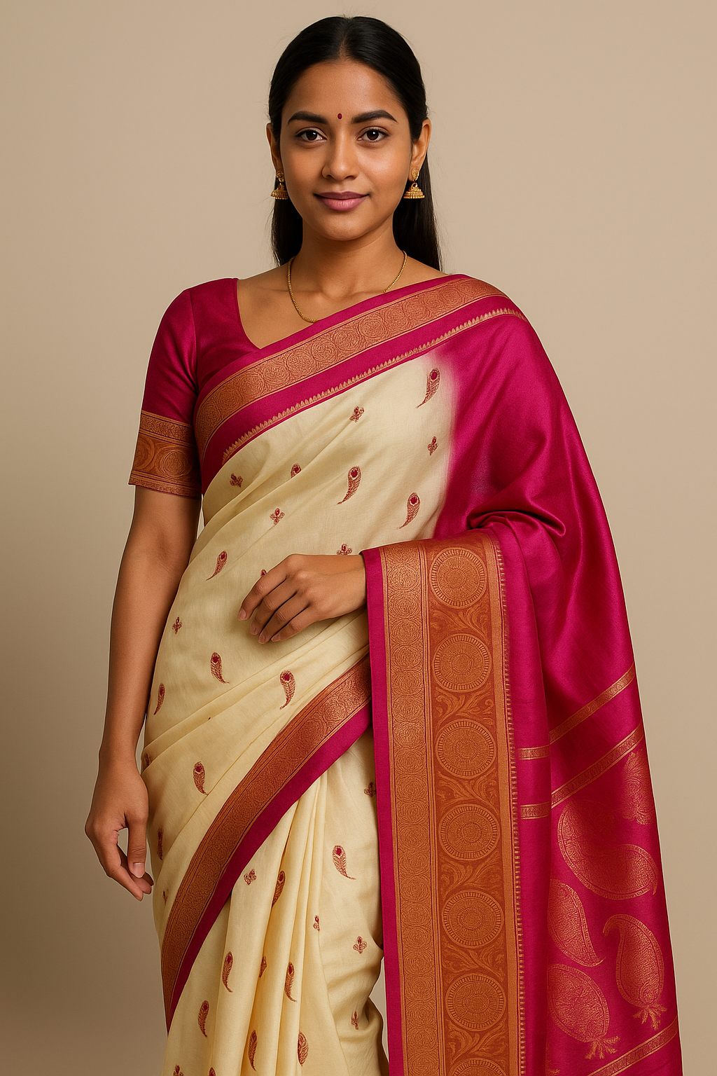 Cream & Magenta Silk Blend Kanjivaram Saree with Zari Pallu