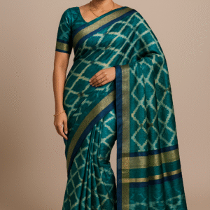 Teal Ikat Silk Blend Saree with Zari Border