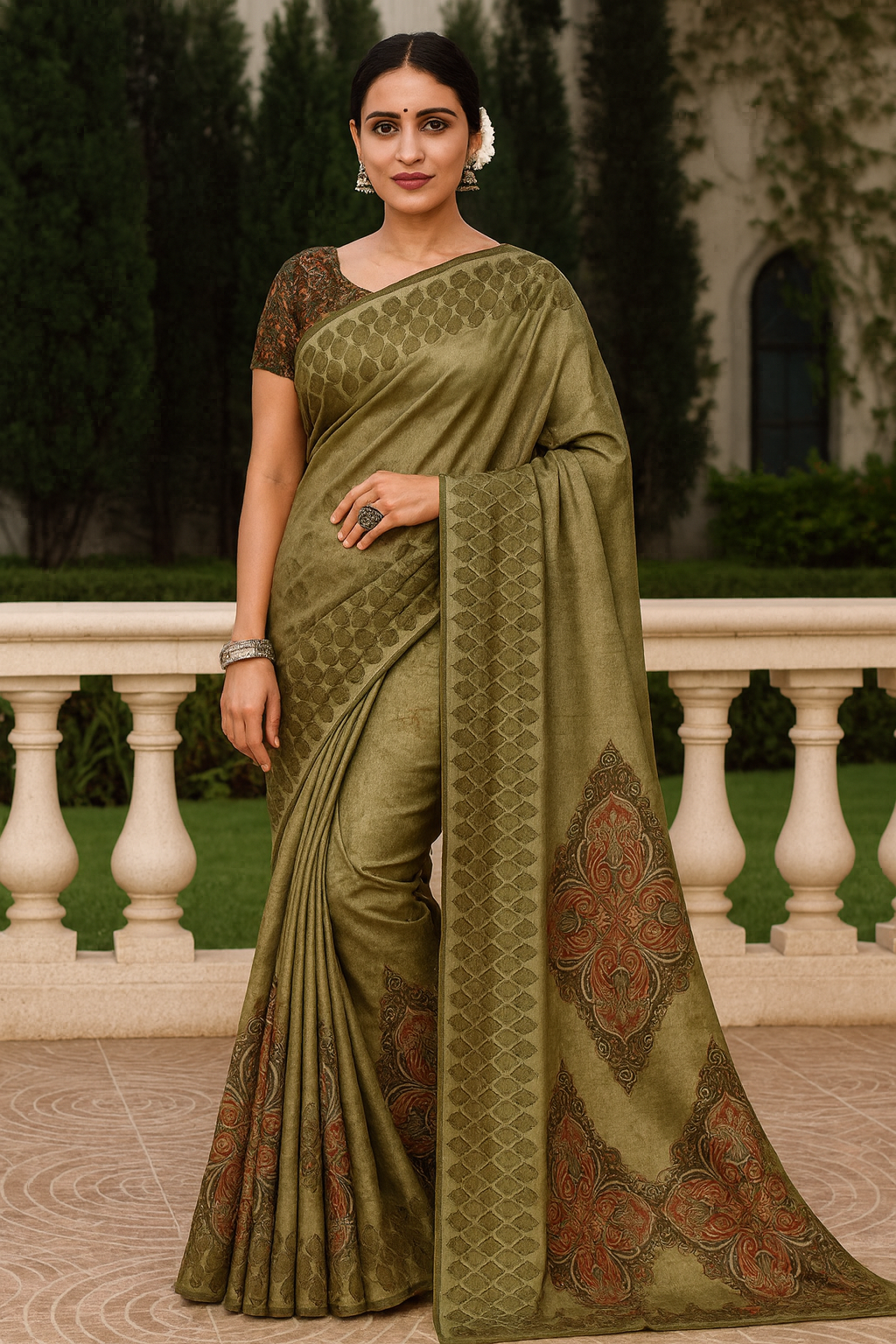 Olive Green Soft Silk Printed Saree with Designer Blouse