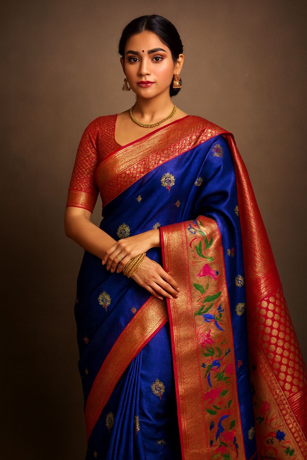 Navy Blue Banarasi Art Silk Saree with Bird Pallu & Red Zari Brocade Blouse