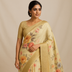 Elegant Beige Floral Linen Blend Saree with Golden Zari Border & Blouse Piece
