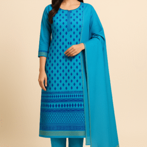 Turquoise Blue Printed Cotton Blend Salwar Suit Set with Plain Dupatta