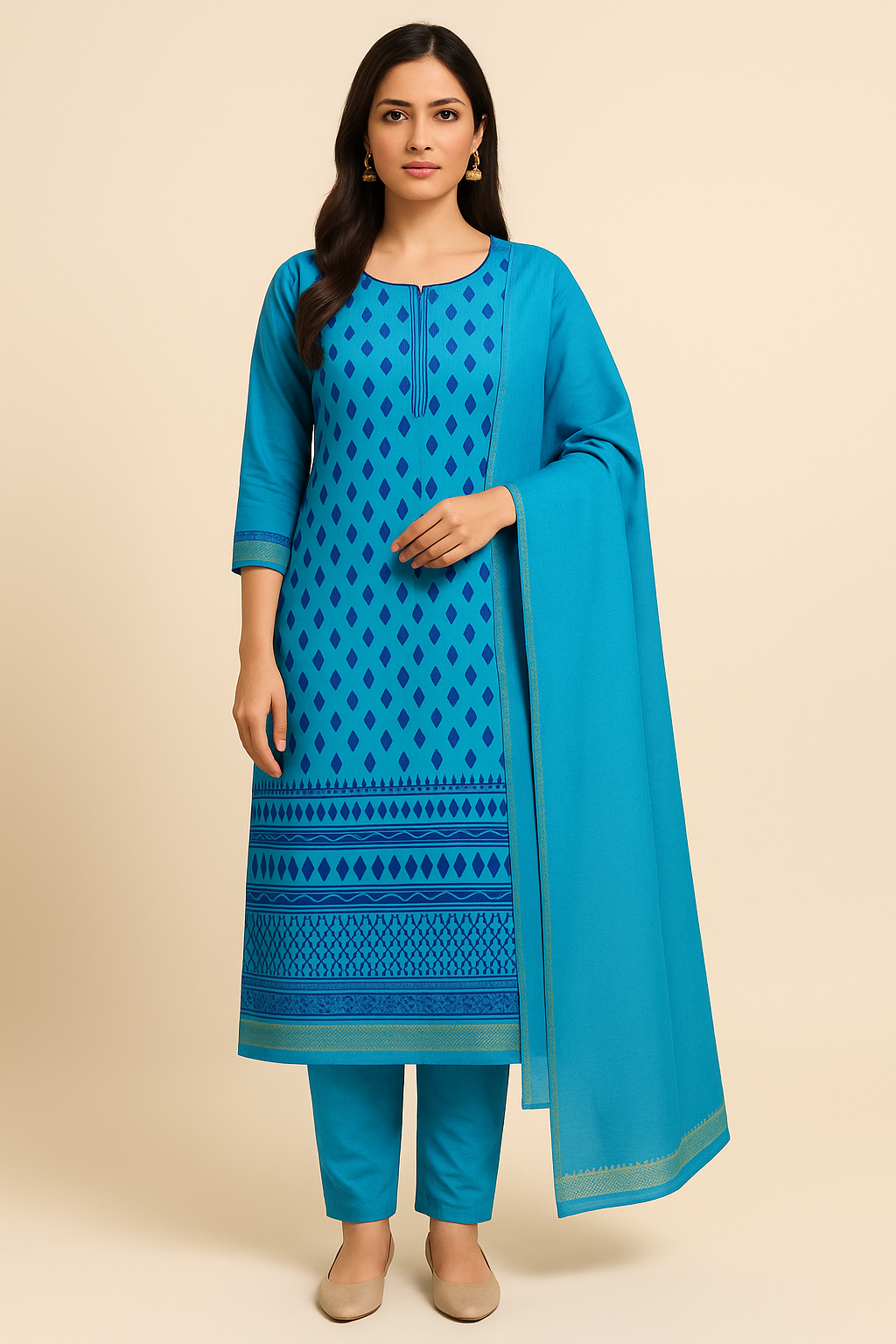 Turquoise Blue Printed Cotton Blend Salwar Suit Set with Plain Dupatta