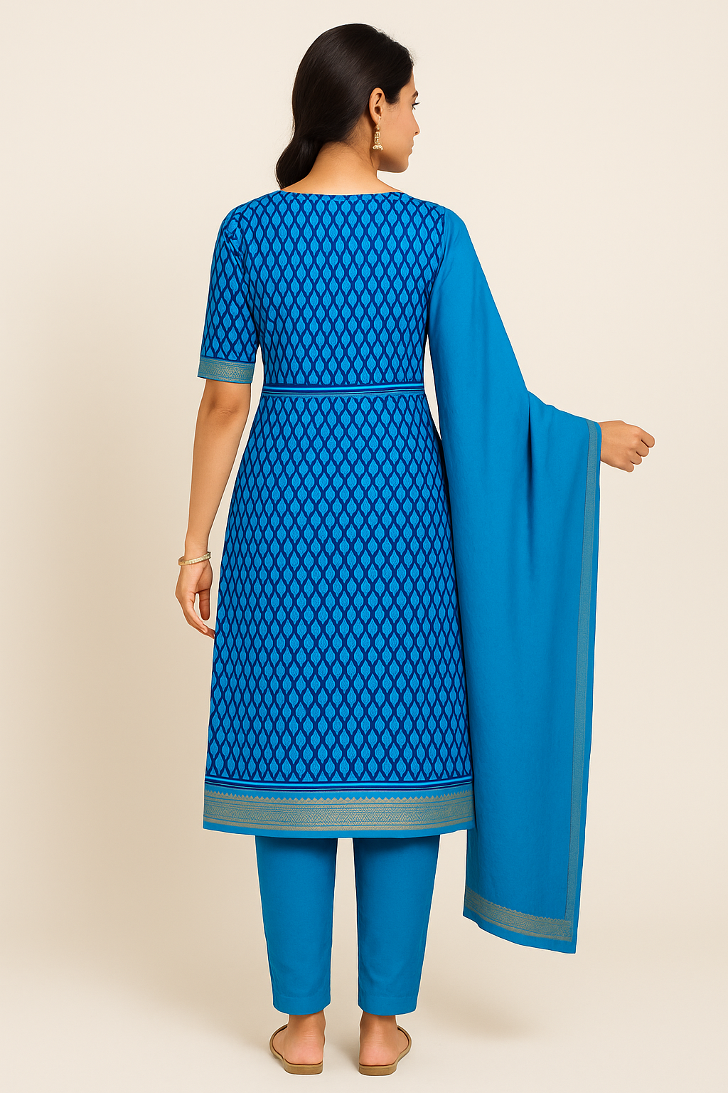 Turquoise Blue Printed Cotton Blend Salwar Suit Set with Plain Dupatta - Image 3