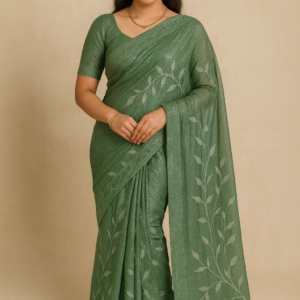 Green Leaf Embroidery Saree – Soft Shine Fabric