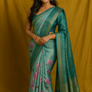 Soft Silk Floral Saree – Teal & Pink | Party Wear | 32% OFF