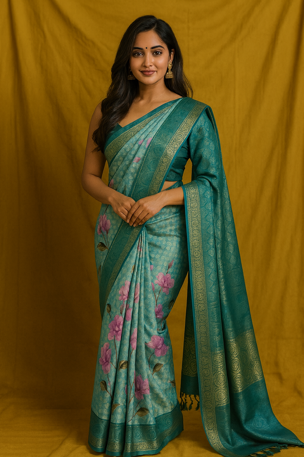 Soft Silk Floral Saree – Teal & Pink | Party Wear | 32% OFF