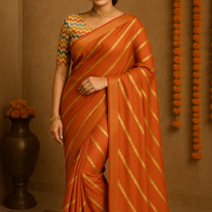 Rust Soft Silk Saree with Gold Lines + Designer Multicolor Blouse
