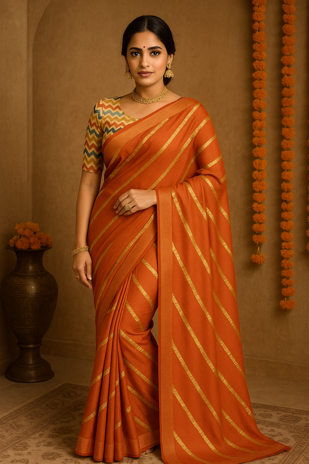 Rust Soft Silk Saree with Gold Lines + Designer Multicolor Blouse