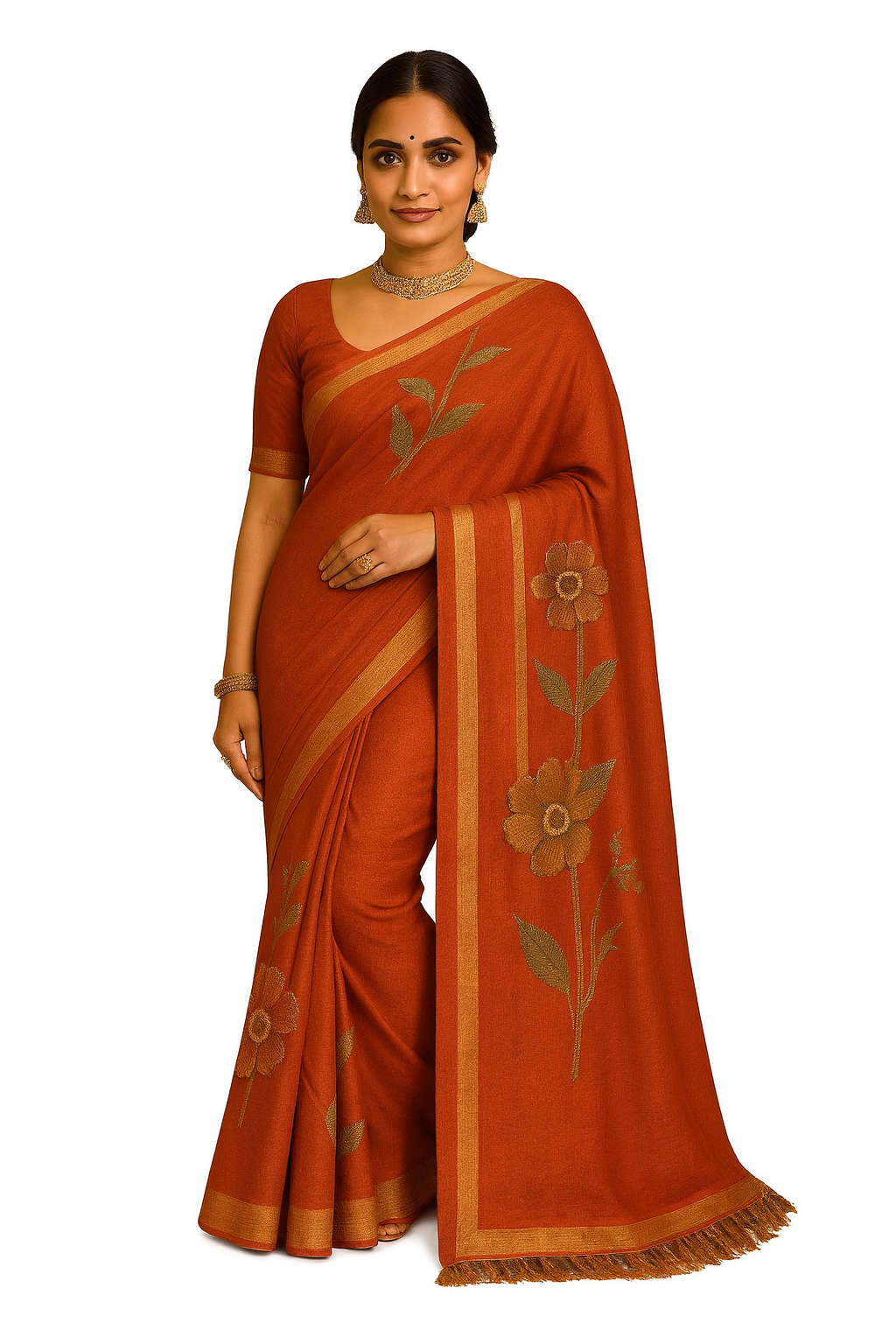 Rust Floral Embroidered Silk Saree with Golden Border